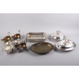 A quantity of silver plated entree dishes and six plated sauce boats
