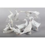 Four Lladro geese, in various poses, 5" high max, a Lladro duckling and four Nao geese