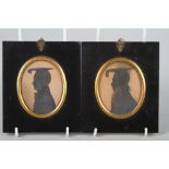 Two early 19th century portrait silhouettes, academics, 3 1/4" x 2 3/4", in ebonised frames
