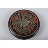 A 19th century turned hardwood tortoiseshell brass and mother-of-pearl inlaid snuff box, 3 3/4" dia