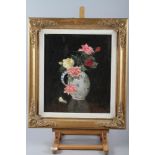 Oil on board, still life of flowers in a jug, 16 3/4" x 14 1/4", in carved giltwood deep frame,