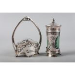 An Art Nouveau style basket shaped silver salt, 3" high, and a hammered silver pepperette, 2 3/4"