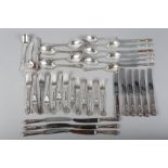 A King's pattern silver plated part table service for six, including a cheese scoop, a berry spoon