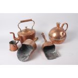 Two 19th century copper scoops with turned wood handles, a copper kettle, a copper globular jug,