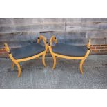 * A pair of polished as satinwood Regency design shape frame stools, 30" wide x 16" deep x 24"