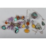 A selection of silver and white metal jewellery set turquoise, amber, amethyst, etc