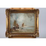 V Delden: oil on panel, fishing boats on the beach, 8 1/2" x 11", in gilt frame