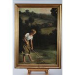 An over painted print of a woman raking in a field, 31 1/2" x 21 1/2"
