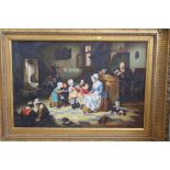 An oil on canvas 19th century school classroom scene with teacher, assistant and children, 24" x
