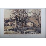 Peter Wood: watercolours, "Linton in Craven", 10" x 15", in wooden strip frame