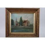 An early 20th century oil on canvas faced board, study of a church, 9" x 10 3/4", in gilt frame,