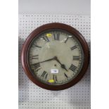 A 19th century mahogany cased circular wall clock with white dial and Roman numerals, 12" dia