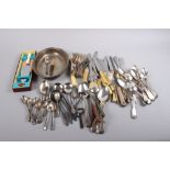 A collection of silver plated flatware, various patterns, and a mahogany canteen