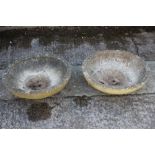 A pair of cast stone circular shallow planters, 22" dia
