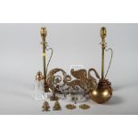 A pair of brass table lamps, 13" high, a Masonic ball, on fluted column, 5" high, and an