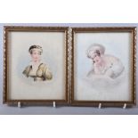 George Brown, 1823: two watercolours, portrait studies, early 19th Century beauties, 5" x 6 1/4", in