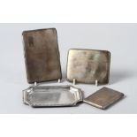 Three silver cigarette cases and a silver pin dish, 14.6oz troy approx