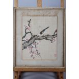 A Chinese watercolour on silk, bird and prunus blossom, 9 3/4" x 8", in strip frame