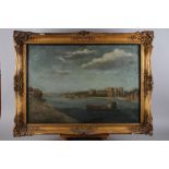 A mid 18th century oil on canvas, view of Lambeth Palace across the Thames, 20" x 28", in gilt swept