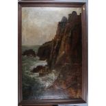 A late 19th century oil on canvas, rocky coastline, 39 1/2" x 25 1/2", in strip frame