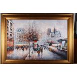 R Sanchez: oil on canvas, view of Notre Dame Paris, 22 1/2" x 36", in gilt frame, and a similar