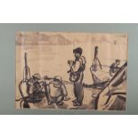 A monochrome watercolour sketch, Vietnamese scene with soldiers on a boat, dated 1971, 10 1/2" x