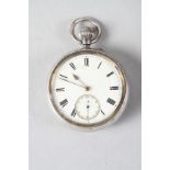 A silver cased pocket watch with white enamel dial, Roman numerals and subsidiary seconds dial (