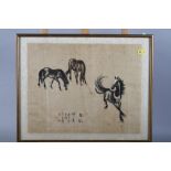 A Chinese watercolour on silk, three horses and inscription, 11 3/4" x 14", in gilt strip frame