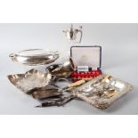 A silver plated two-handled tray, a cut glass claret jug with plated mounts, a plated entree dish