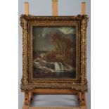 Charles M Gore: oil on panel, "Waterfall in Carnarvanshire", 9 1/2" 8", in gilt frame