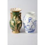 A Japanese blue and white baluster vase, decorated flowers and birds, 10 1/4" high, and a