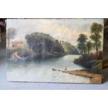 An oil on canvas river scene with fisherman and ford, 20" x 30" unframed