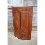 A Georgian mahogany and line inlaid with shell paterae bowfront corner cupboard, interior fitted two