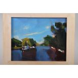 Harriet Bell: oil on board, "From Streatley Bridge", 7 12" x 9 1/2", in hardwood frame