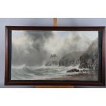 G L Hall: watercolours, rocky coastal scene, 15 3/4" x 28", in wooden strip frame