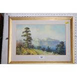 Fuster: gouache, Mediterranean coastal scene, 8 1/2" x 13 1/2", in gilt strip frame