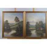 A pair of oil paintings, river scenes with houses, 19" x 15 1/4", in gilt strip frames, an acrylic