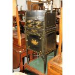 A Regency ebonised and gilt tray top work table, fitted two small and one long drawer over cupboard,