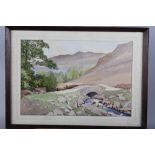 W F Nash: watercolours, Lakeland scene with stone bridge, 11" x 16 1/4", in strip frame