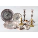 A pair of silver plated candlesticks, 9 1/4" high, a plated chaffing dish, a pair of brass