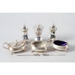 A five-piece silver cruet set, two condiment spoons and two cocktail sticks, 11.8oz troy approx, and