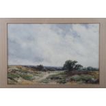 R Halfnight: watercolours, moorland track with figures, 8" x 12", in gilt strip frame