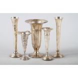 A pair of silver specimen vases with weighted bases, another similar, a silver trumpet vase with