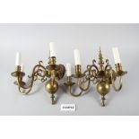 Four "Dutch" brass three-light wall brackets, 14" wide x 13" high