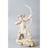 A carved sectional bone figure of a kneeling Samurai archer, 12" high, and a figure of a farmer