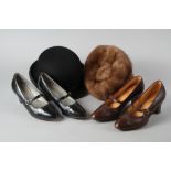 Two pairs of lady's leather shoes, size 5, a fur hat and a bowler hat