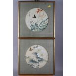 A pair of Chinese watercolours, insects and flowers, 8 3/4" dia, in circular silk mounts and gilt