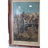 A late 19th century colour lithograph, "Last Shot at Colenso", in strip frame, and two WWI