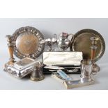 A pair of silver plated candlesticks, 10 1/2" high, two plated trays, a cased set of fish servers