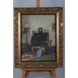 Constance Mary Bright: oil on canvas, interior scene, 15 1/2" x 11 1/2", in carved gilt frame